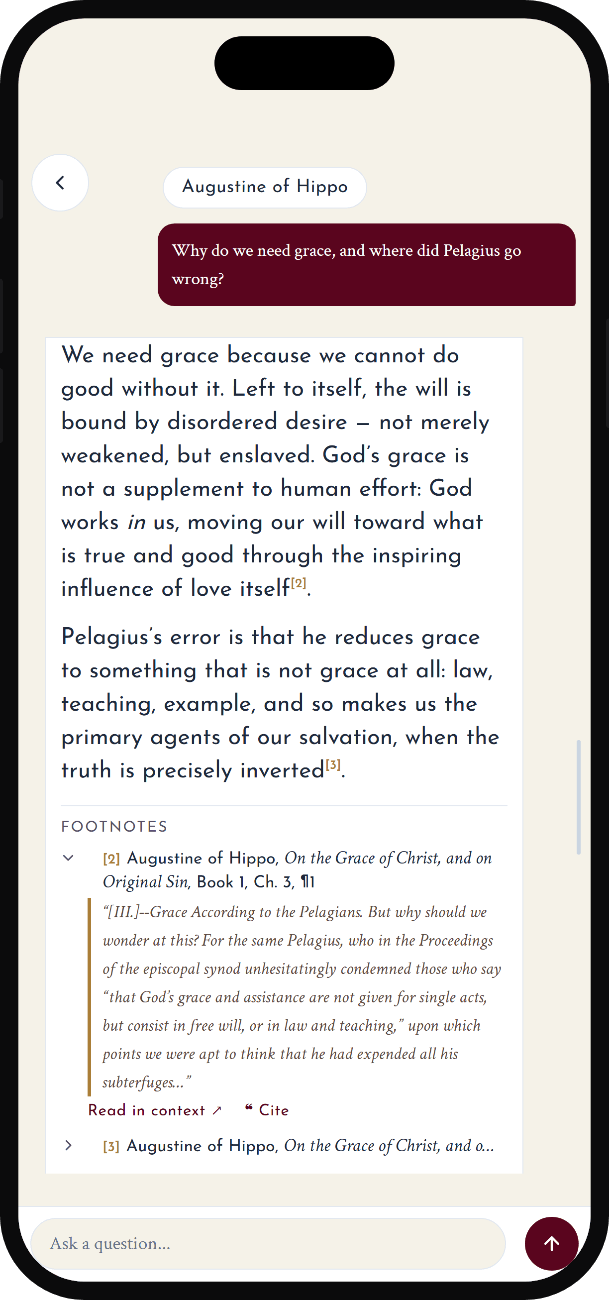 AdFontes app: chatting with Augustine of Hippo, with footnoted citations to On the Grace of Christ